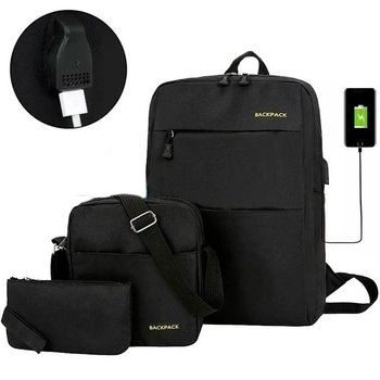 Set Rucksack, Tasche und Geldbörse 3in1 aus feuchtigkeitsabweisendem Stoff für Laptop und Sachen Schwarz