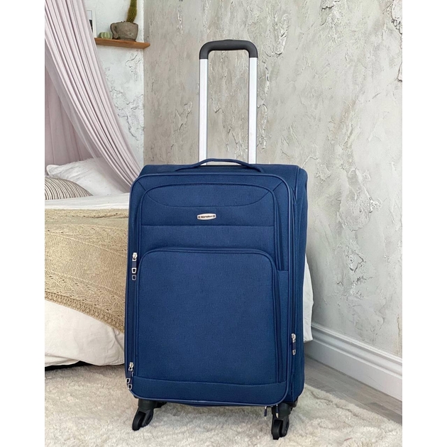 Ультра легкий средний текстильный чемодан на 4 колесах темно-синий с расширителем