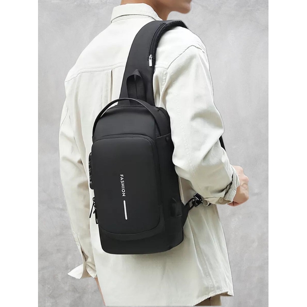 Сумка слинг унисекс мужская и женская через плечо VMHouse кросс боди нагрудная бананка водонепроницаемая барсетка с USB черный (0056-0001)