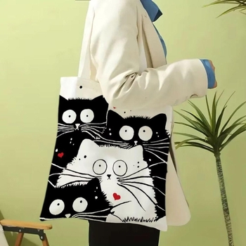 Damen Umhängetasche - Shopper "Cats" rechteckige Öko-Tasche mit Katzenprint, 40x30 cm, schwarz-weiß